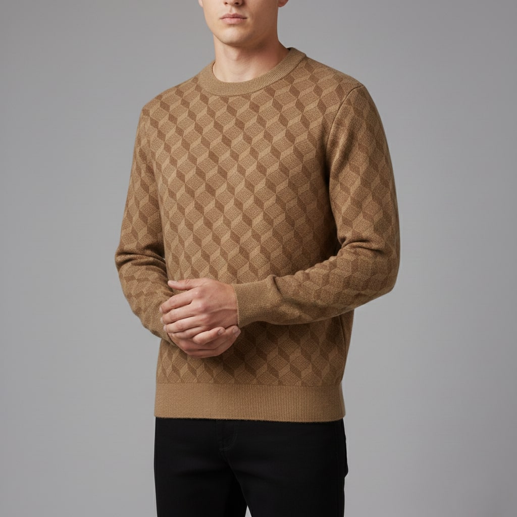Martin Men’s Knit Sweater – Soft Geometric Pattern with Ribbed Crew Neck Sweater
