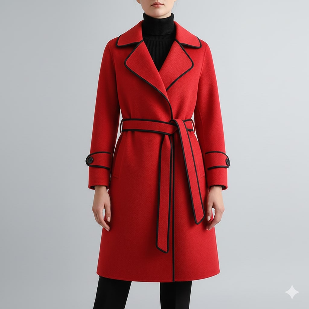 Adriana Women’s Wool Coat – Belted Coat with Contrast Trim & Warm Interior