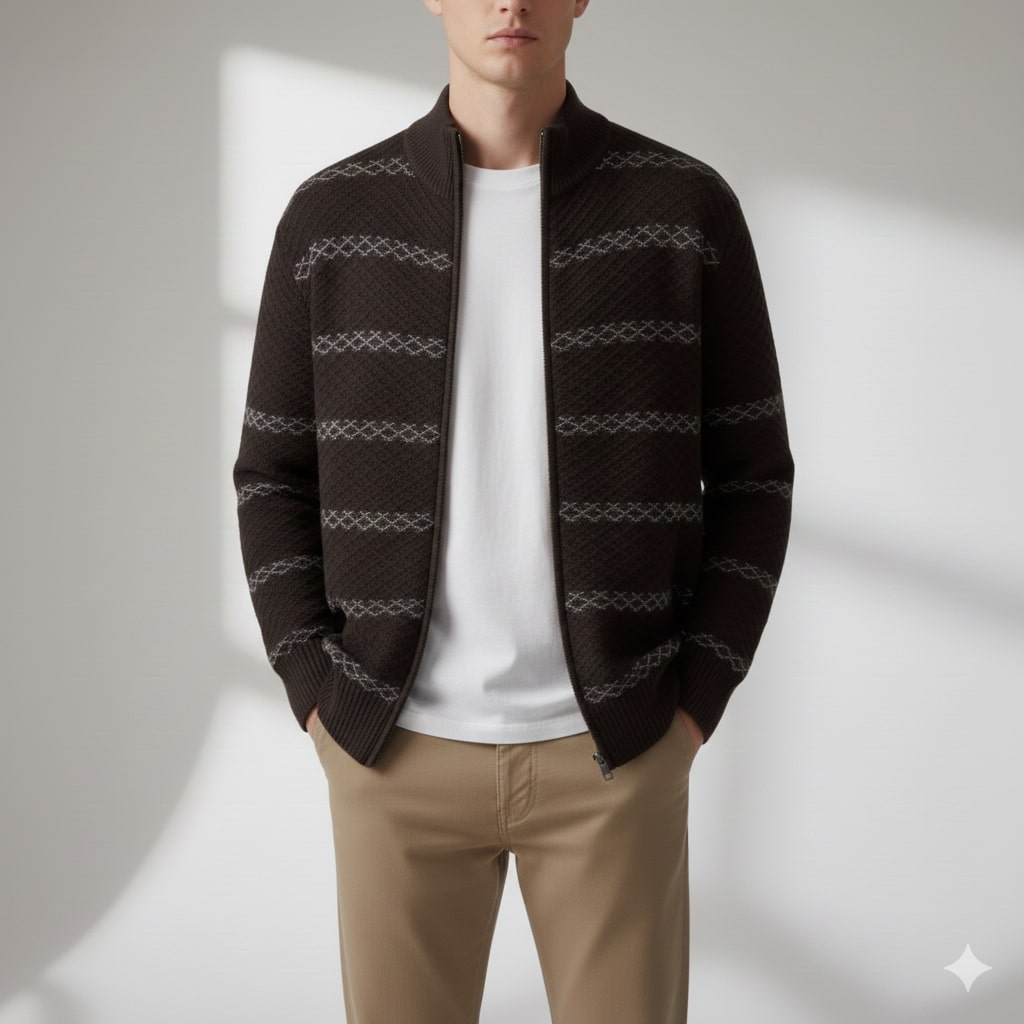 Mateo Men’s Zip-Up Cardigan – Textured Knit Sweater with Structured Stand Collar