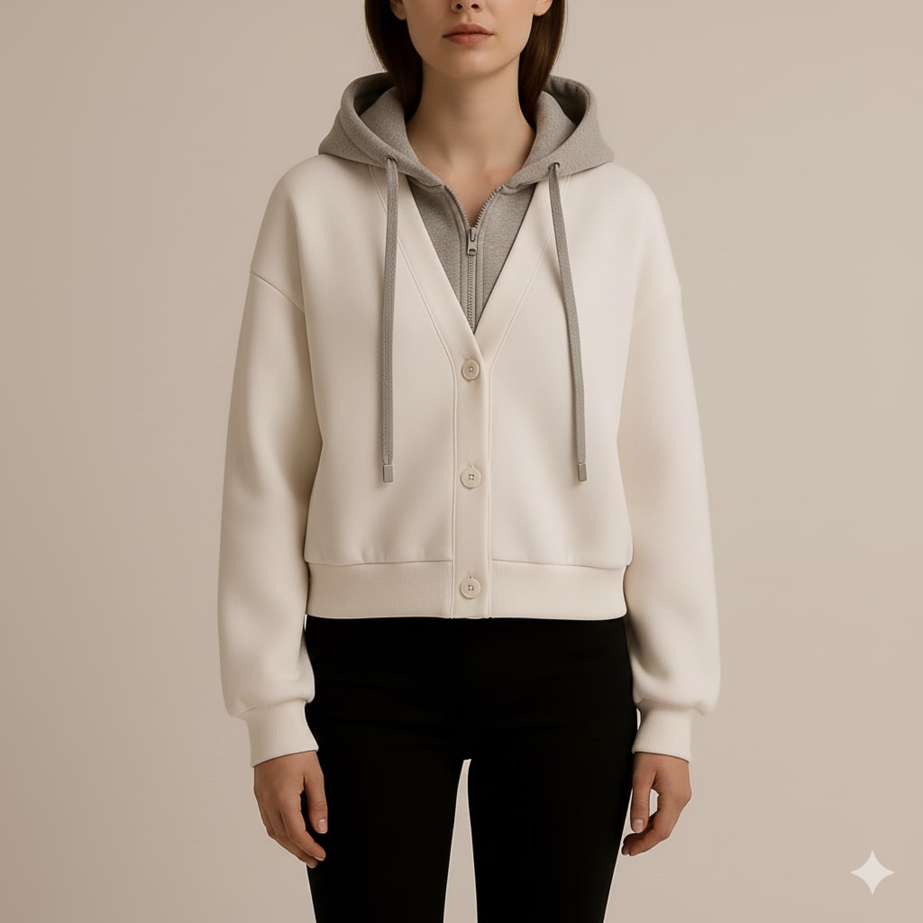 Elisa Women’s Cropped Cardigan – Puff Sleeve Zip-Up Knitted Hooded Cardigan