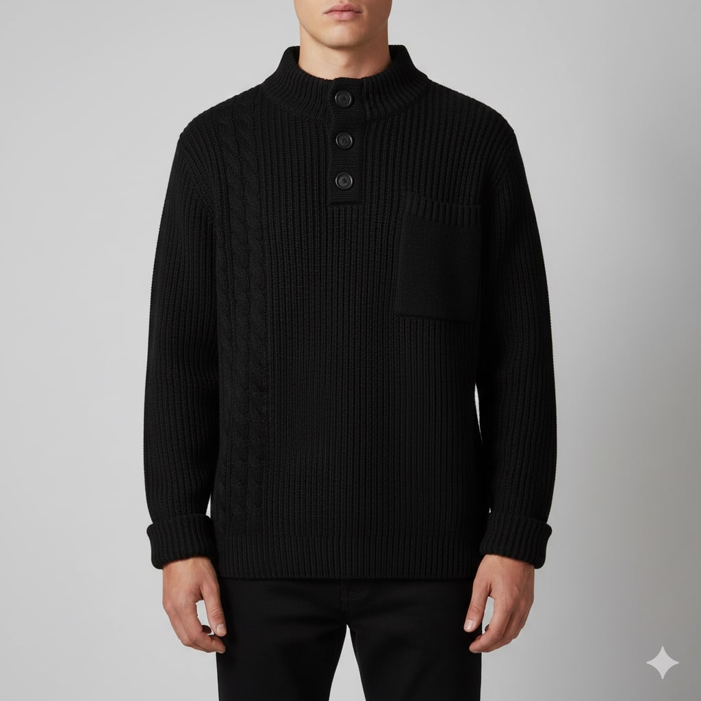 Luca Men’s Cable Knit Pullover – Soft O-Neck Sweater with Button Detail