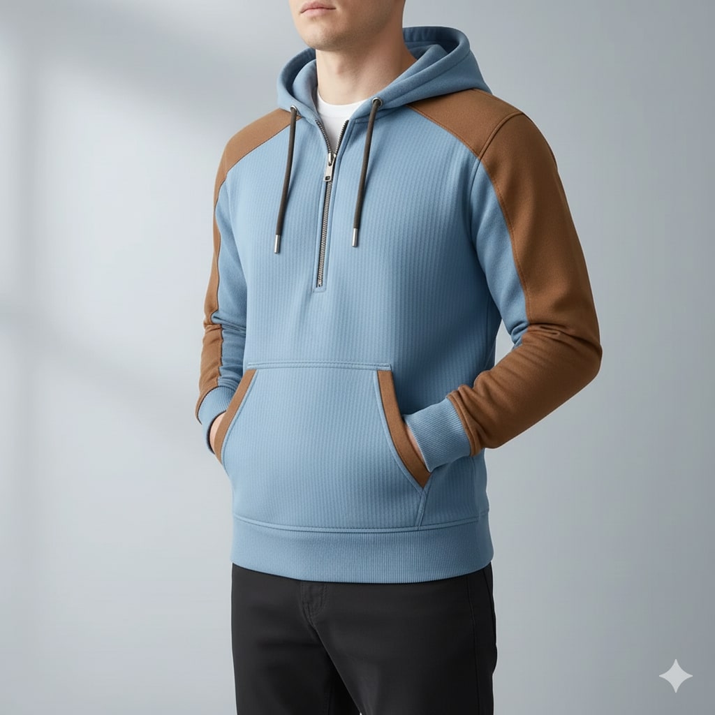 Carlos Men’s Quarter-Zip Hoodie – Corduroy Cotton Blend Sweatshirt with Contrast Panels