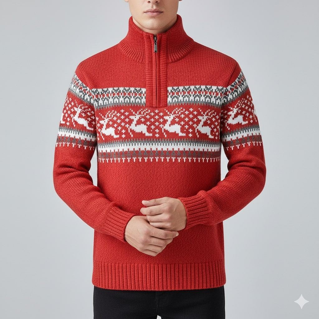 Mehdi Men's Christmas Sweater – Wool Knit Quarter-Zip Pullover