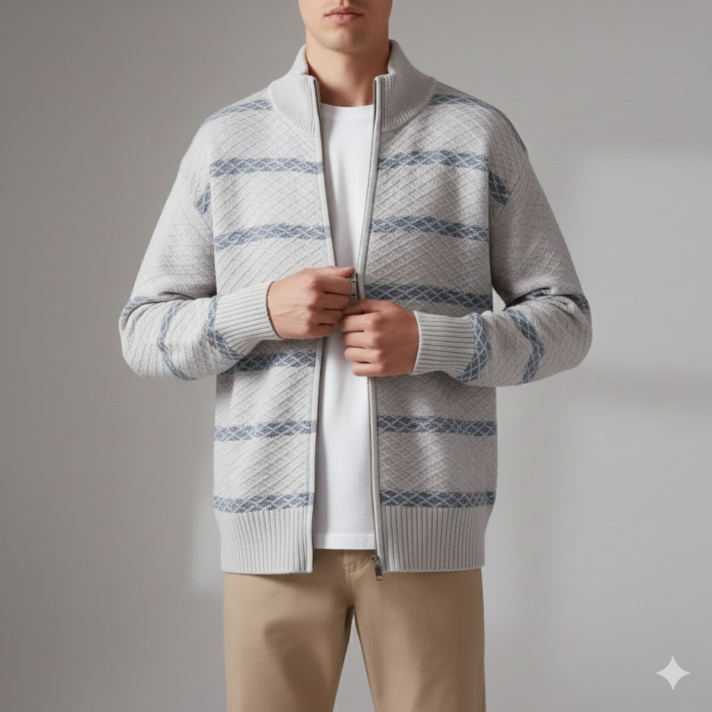 Mateo Men’s Zip-Up Cardigan – Textured Knit Sweater with Structured Stand Collar