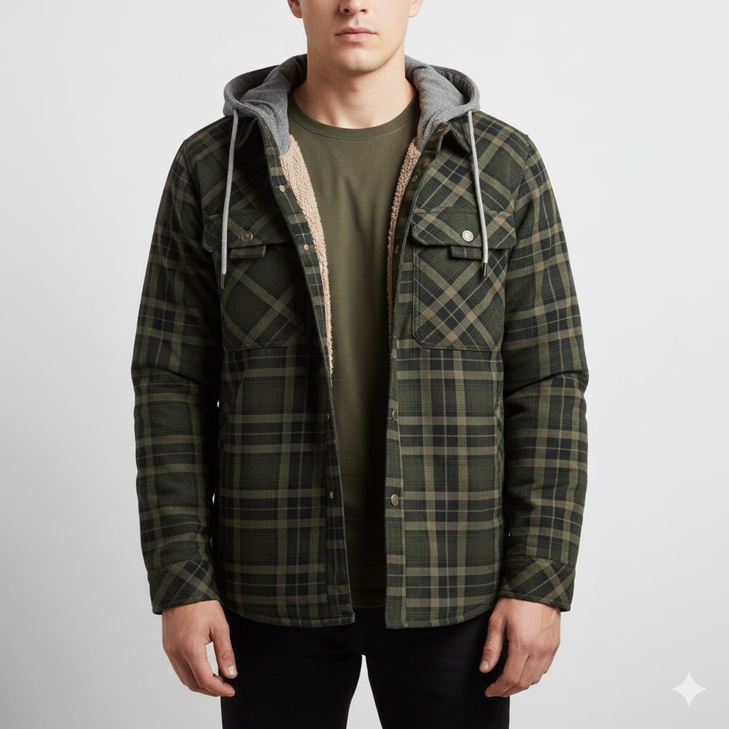 Florent Men’s Hoodie Jacket – Sherpa-Lined Flannel Hoodie for Winter Wear