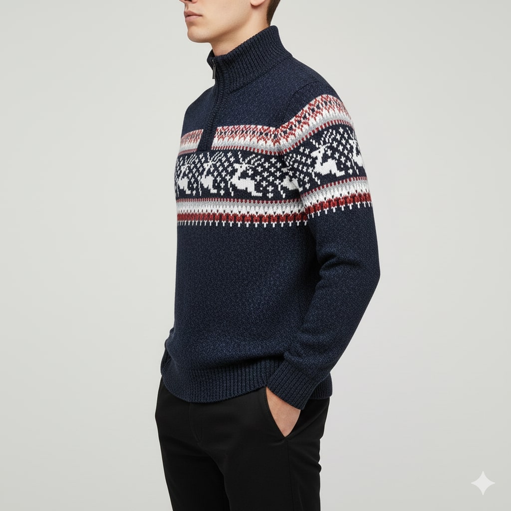 Mehdi Men's Christmas Sweater – Wool Knit Quarter-Zip Pullover