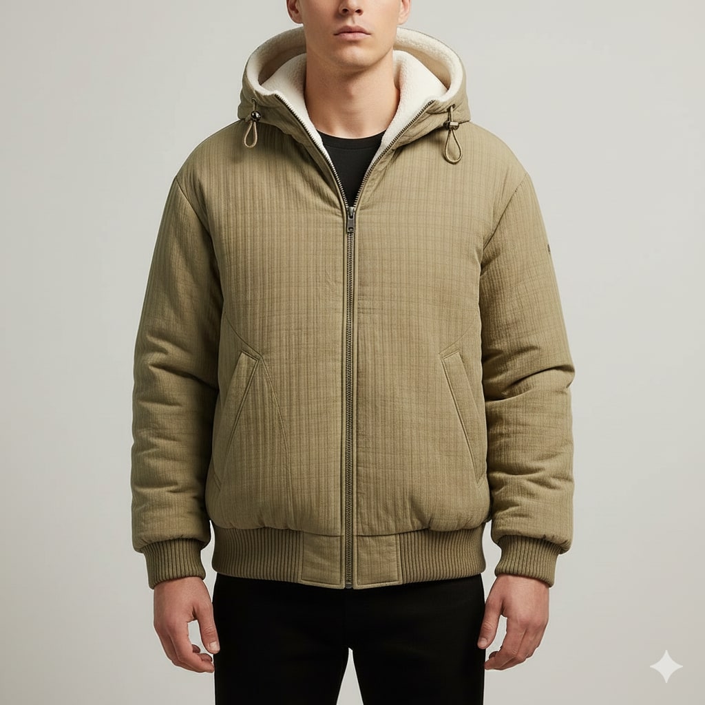 Kamal Men’s Sherpa Hoodie Jacket – Heavyweight Fleece Lined Quilted Zip-Up Jacket