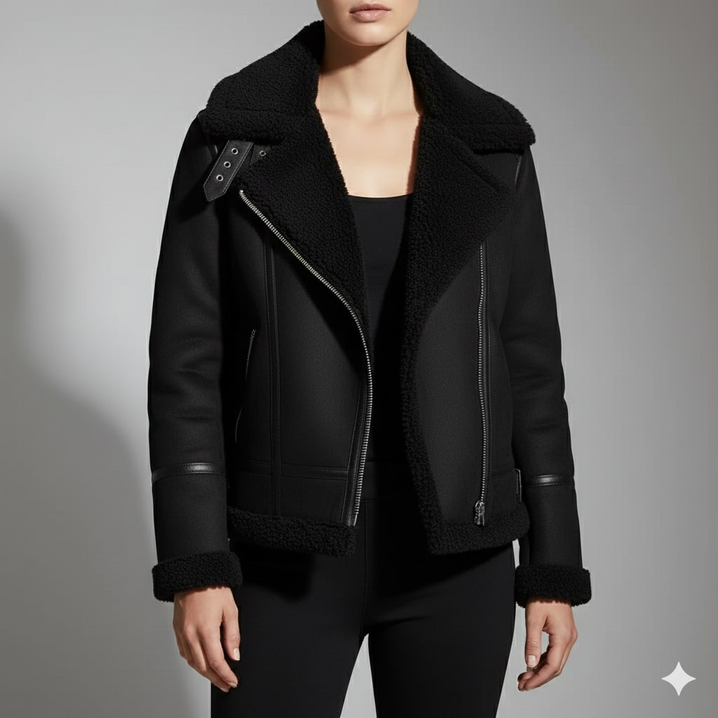 Polina Women’s Shearling Jacket – Aviator Suede Jacket with Plush Lining