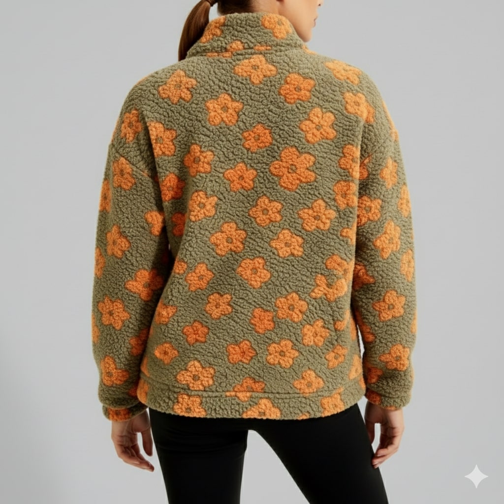 Dahlia Women's Fleece Pullover – Floral Soft Half-Zip Oversized Winter Pullover