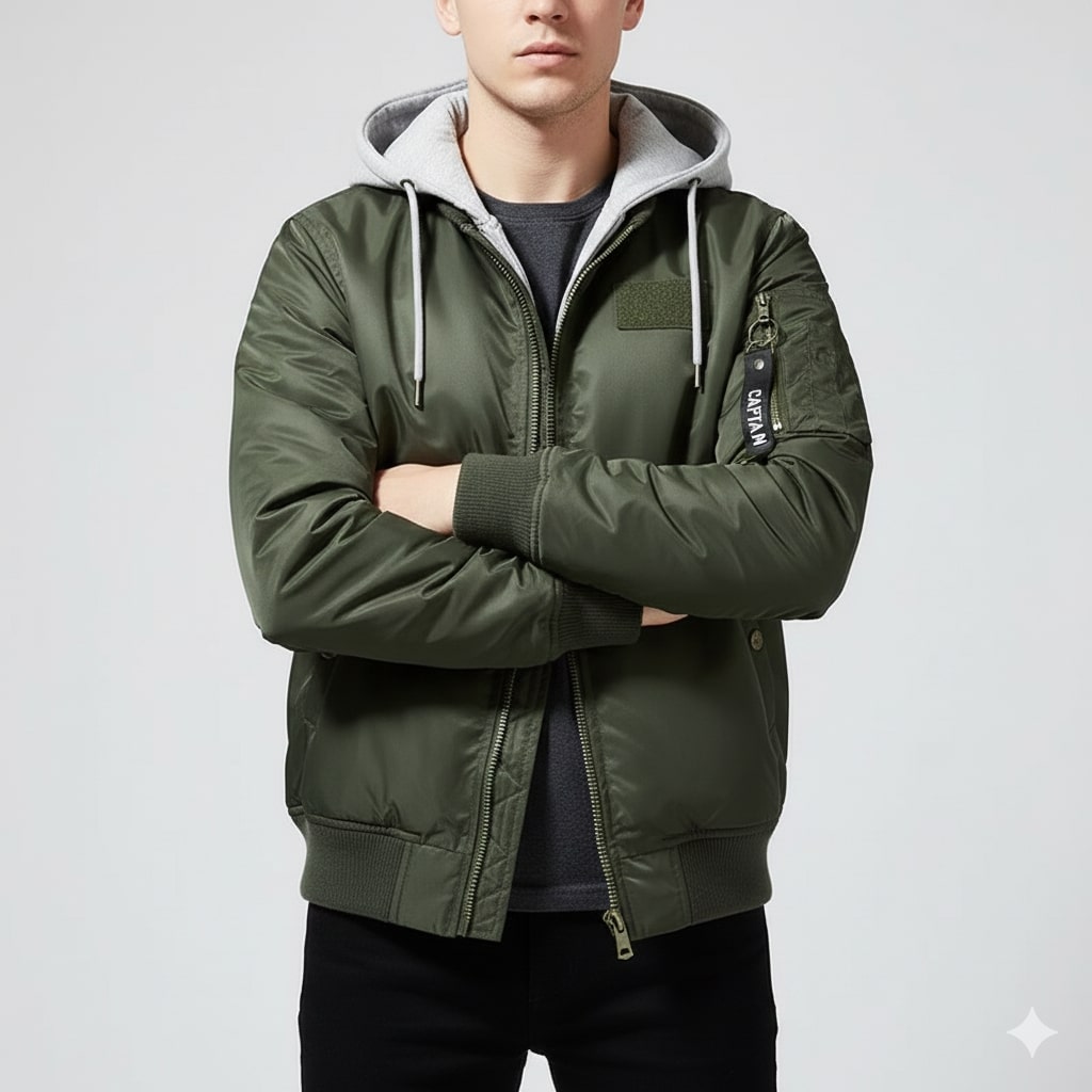 Finn Men’s Hoodie Jacket – Padded Cotton Military-Style Bomber Jacket