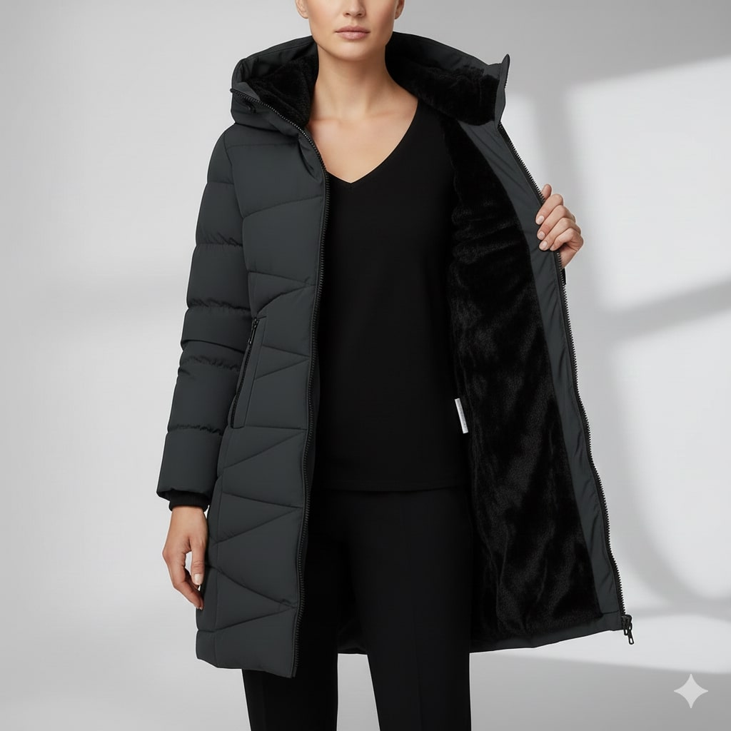 Livia Women’s Long Quilted Coat – Full-Length Warm Winter Jacket with Hood & Plush Lining