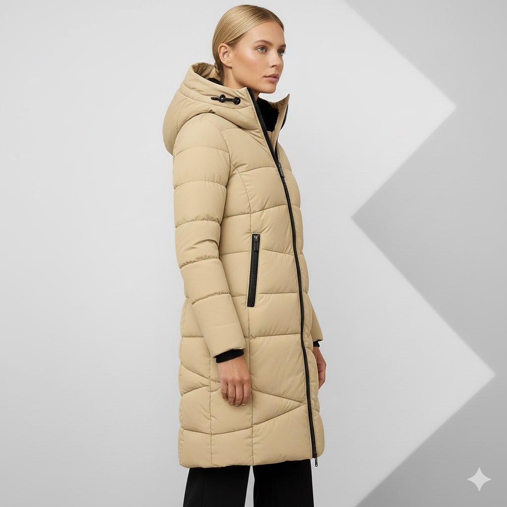Livia Women’s Long Quilted Coat – Full-Length Warm Winter Jacket with Hood & Plush Lining