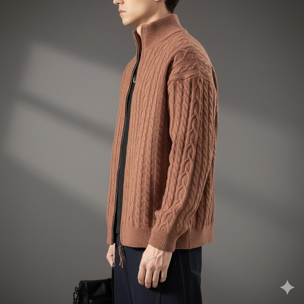 Denis Men’s Zip-Up Cardigan – Soft Wool  Cable Knit Mid-Weight Sweater