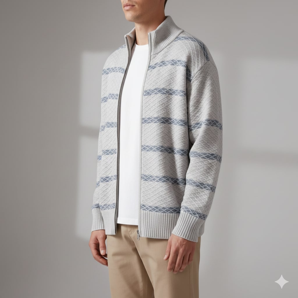 Mateo Men’s Zip-Up Cardigan – Textured Knit Sweater with Structured Stand Collar