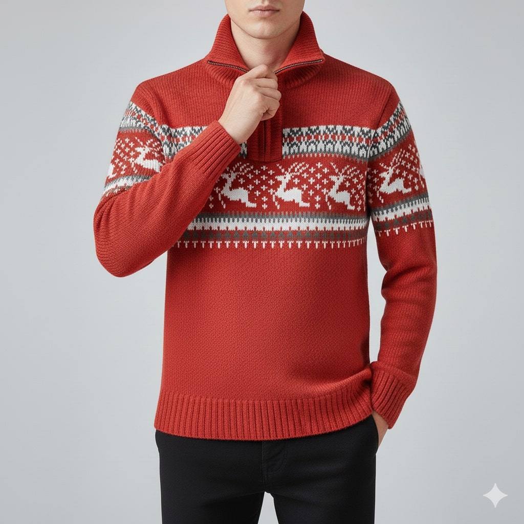 Mehdi Men's Christmas Sweater – Wool Knit Quarter-Zip Pullover