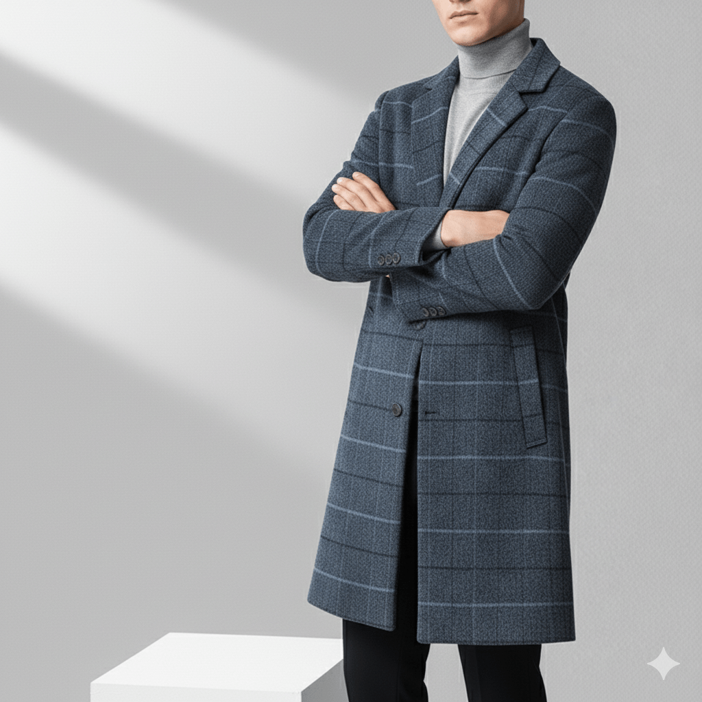 Asher Men’s Wool Coat – Windowpane Overcoat with Structured Mid-Length Design