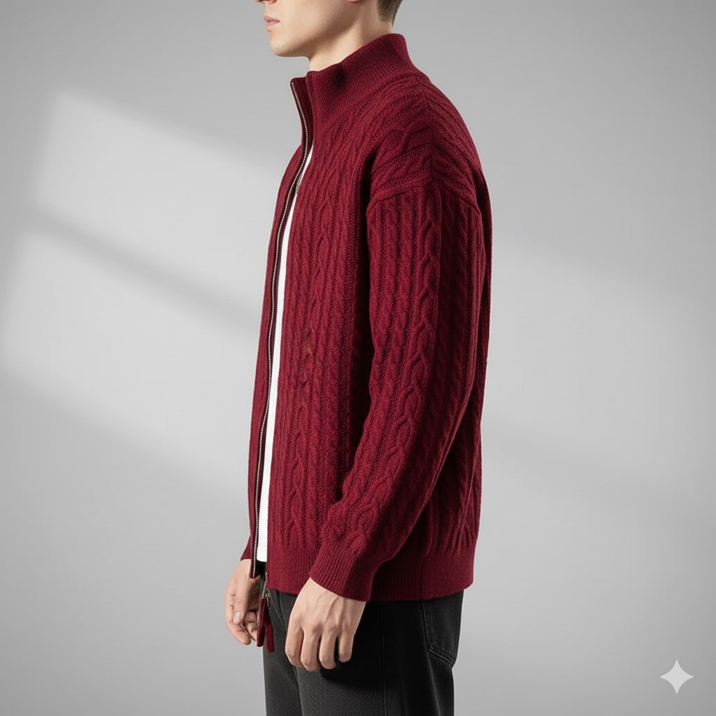 Denis Men’s Zip-Up Cardigan – Soft Wool  Cable Knit Mid-Weight Sweater