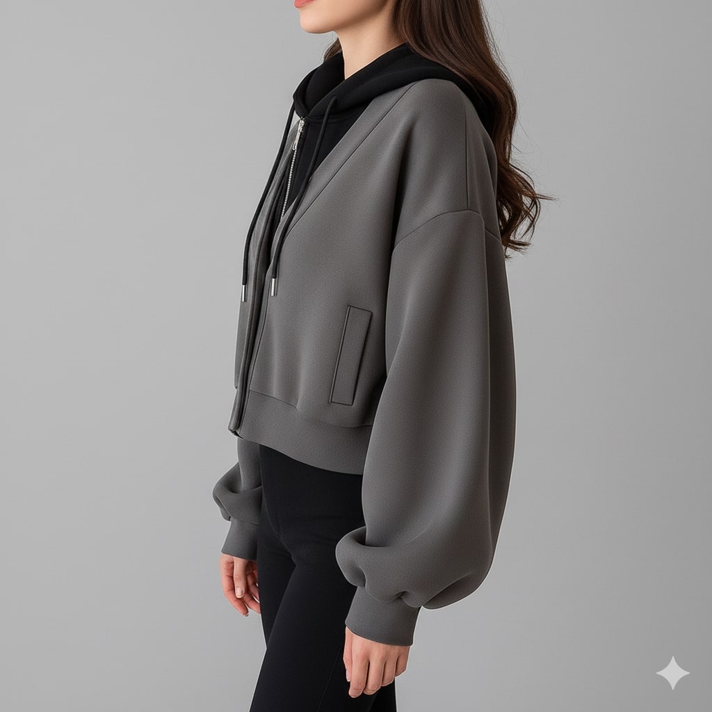 Elisa Women’s Cropped Cardigan – Puff Sleeve Zip-Up Knitted Hooded Cardigan