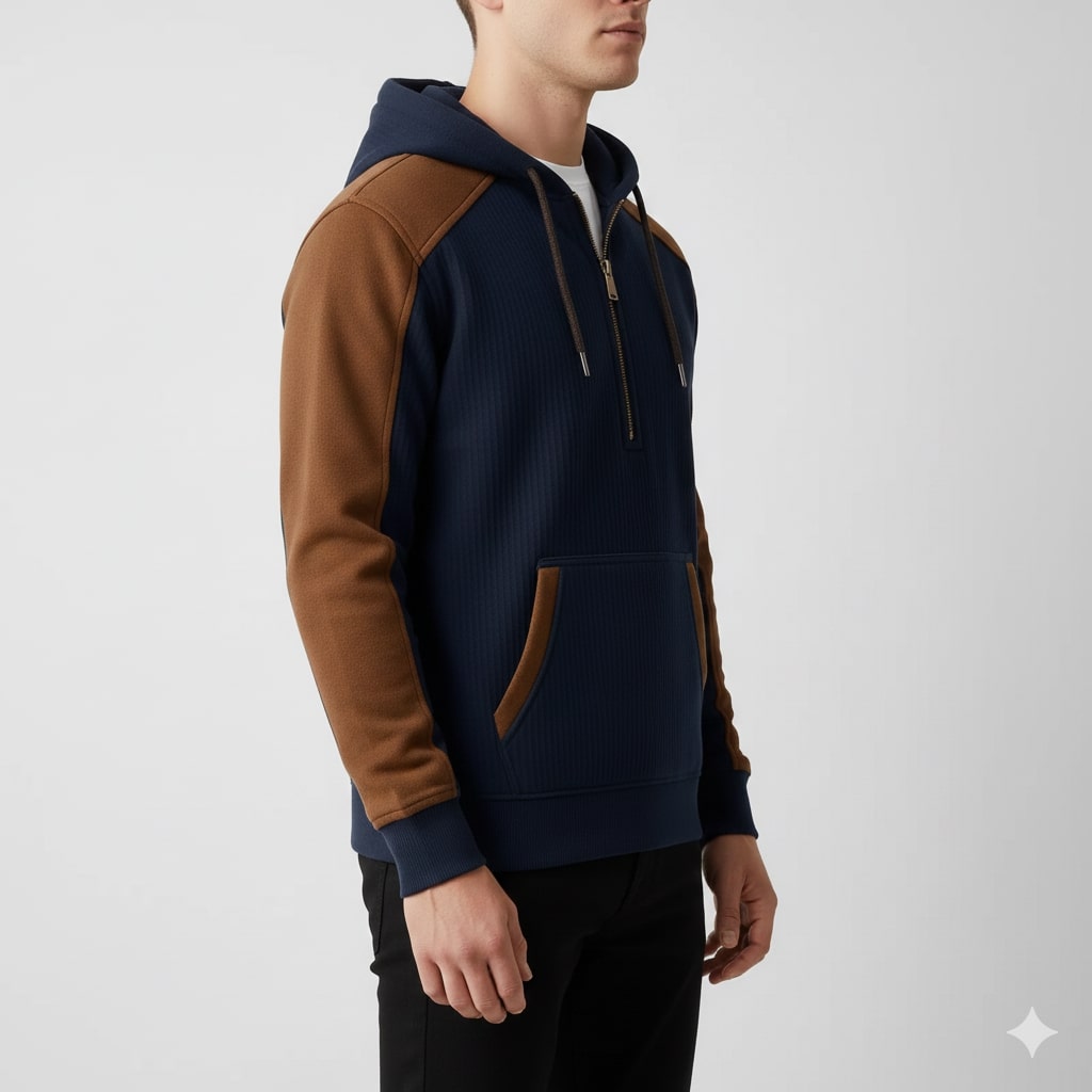 Carlos Men’s Quarter-Zip Hoodie – Corduroy Cotton Blend Sweatshirt with Contrast Panels