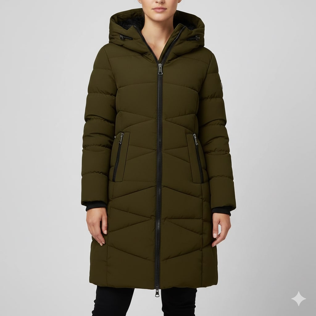Livia Women’s Long Quilted Coat – Full-Length Warm Winter Jacket with Hood & Plush Lining