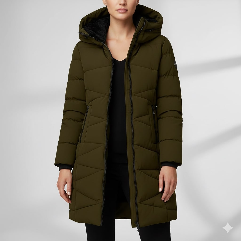 Livia Women’s Long Quilted Coat – Full-Length Warm Winter Jacket with Hood & Plush Lining