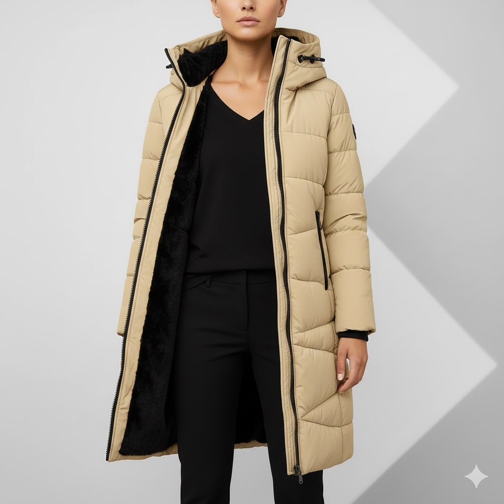 Livia Women’s Long Quilted Coat – Full-Length Warm Winter Jacket with Hood & Plush Lining