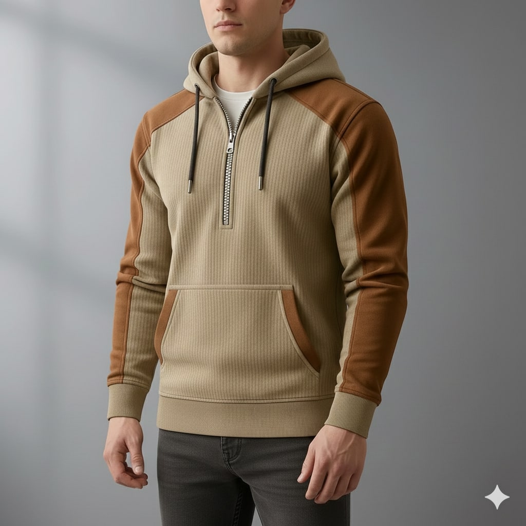 Carlos Men’s Quarter-Zip Hoodie – Corduroy Cotton Blend Sweatshirt with Contrast Panels