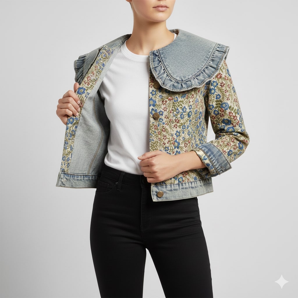 Rose Women’s Jacquard Denim Jacket – Floral Textured Lightweight Cropped Jacket