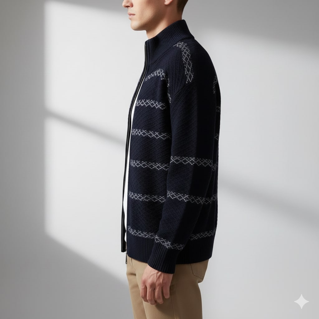 Mateo Men’s Zip-Up Cardigan – Textured Knit Sweater with Structured Stand Collar