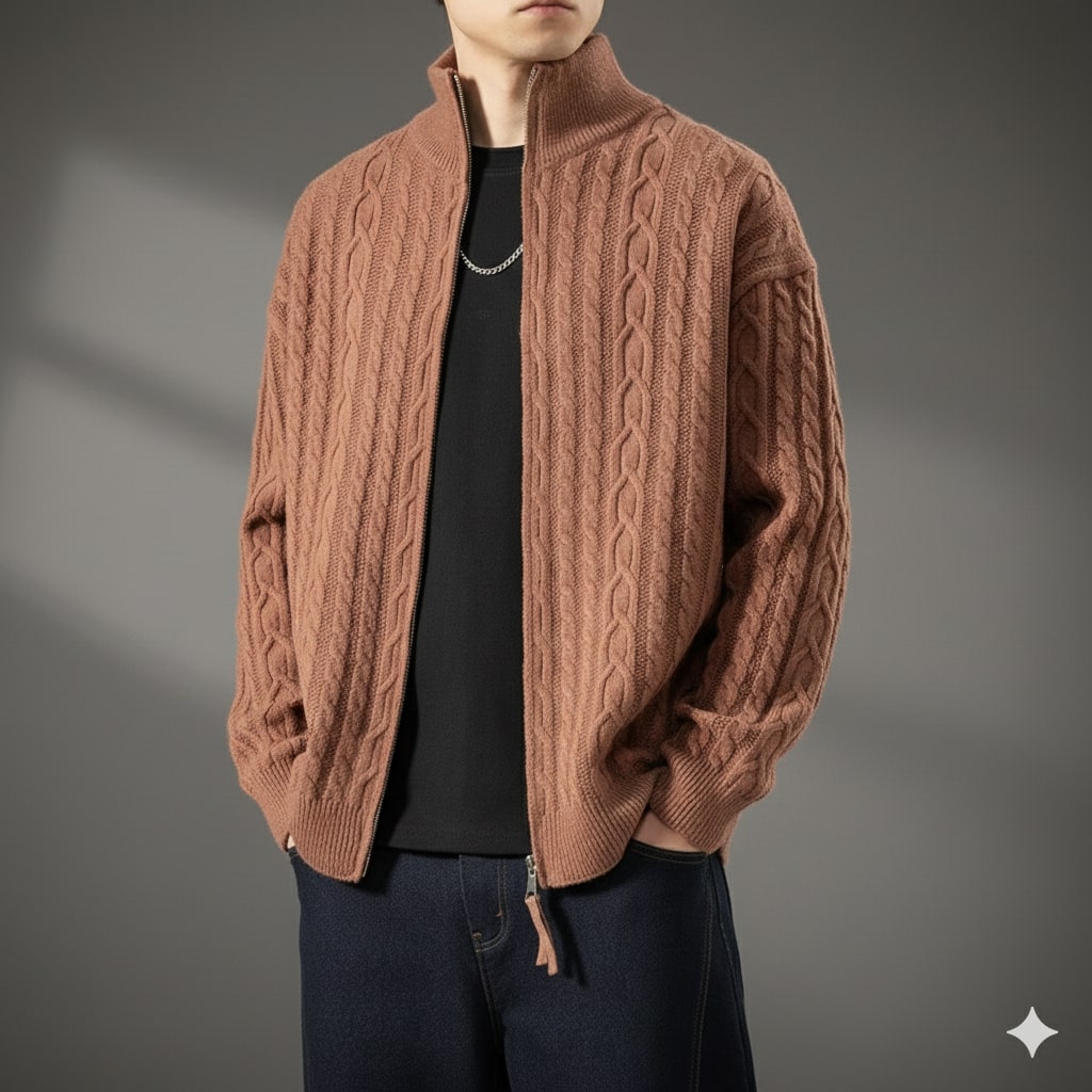 Denis Men’s Zip-Up Cardigan – Soft Wool  Cable Knit Mid-Weight Sweater