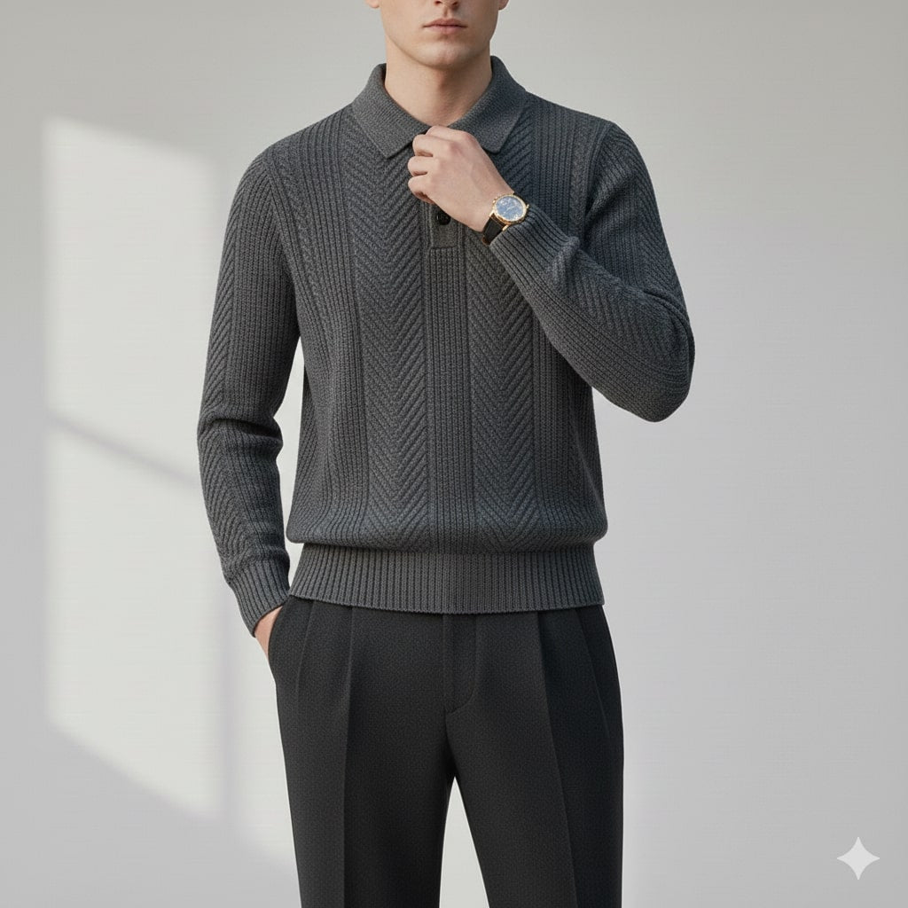 Xavier Men’s Knit Polo Sweater – Wool-Blend Cable Knit Pullover with Tailored Modern Fit