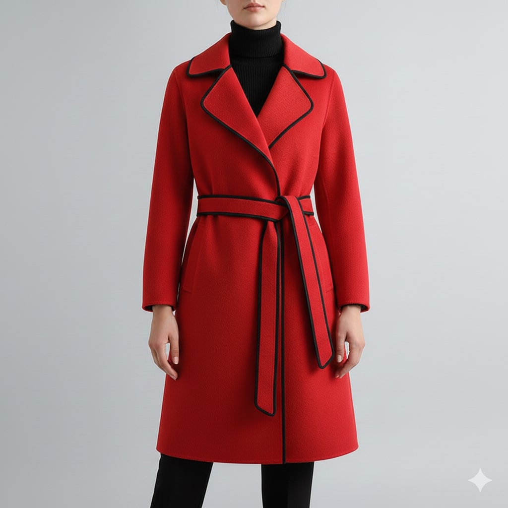 Adriana Women’s Wool Coat – Belted Coat with Contrast Trim & Warm Interior