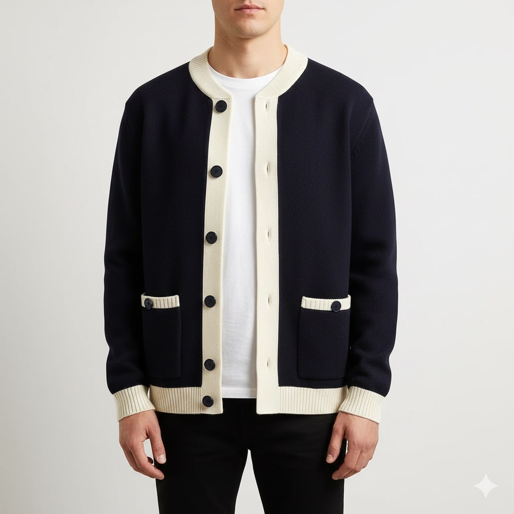 Sergey Men’s Cardigan – Two-Tone Button Placket Knitted Cardigan
