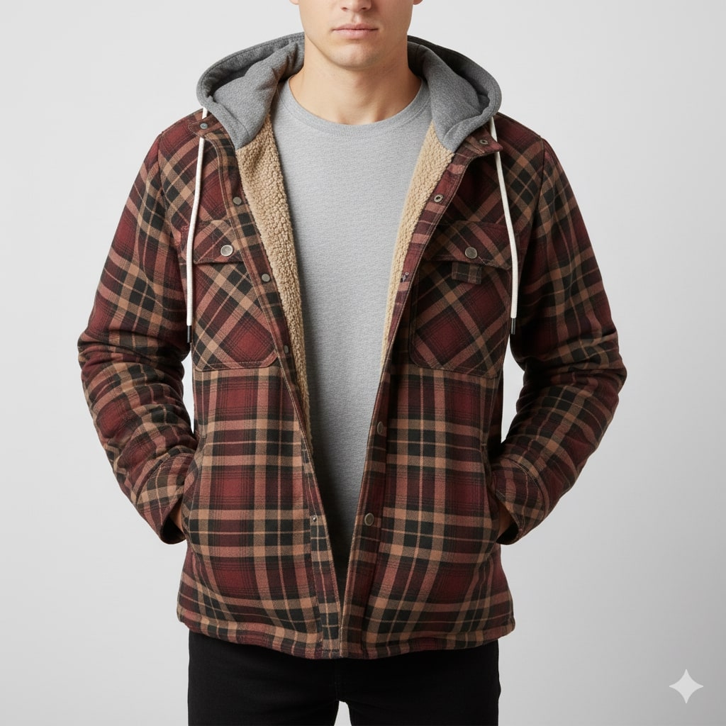 Florent Men’s Hoodie Jacket – Sherpa-Lined Flannel Hoodie for Winter Wear