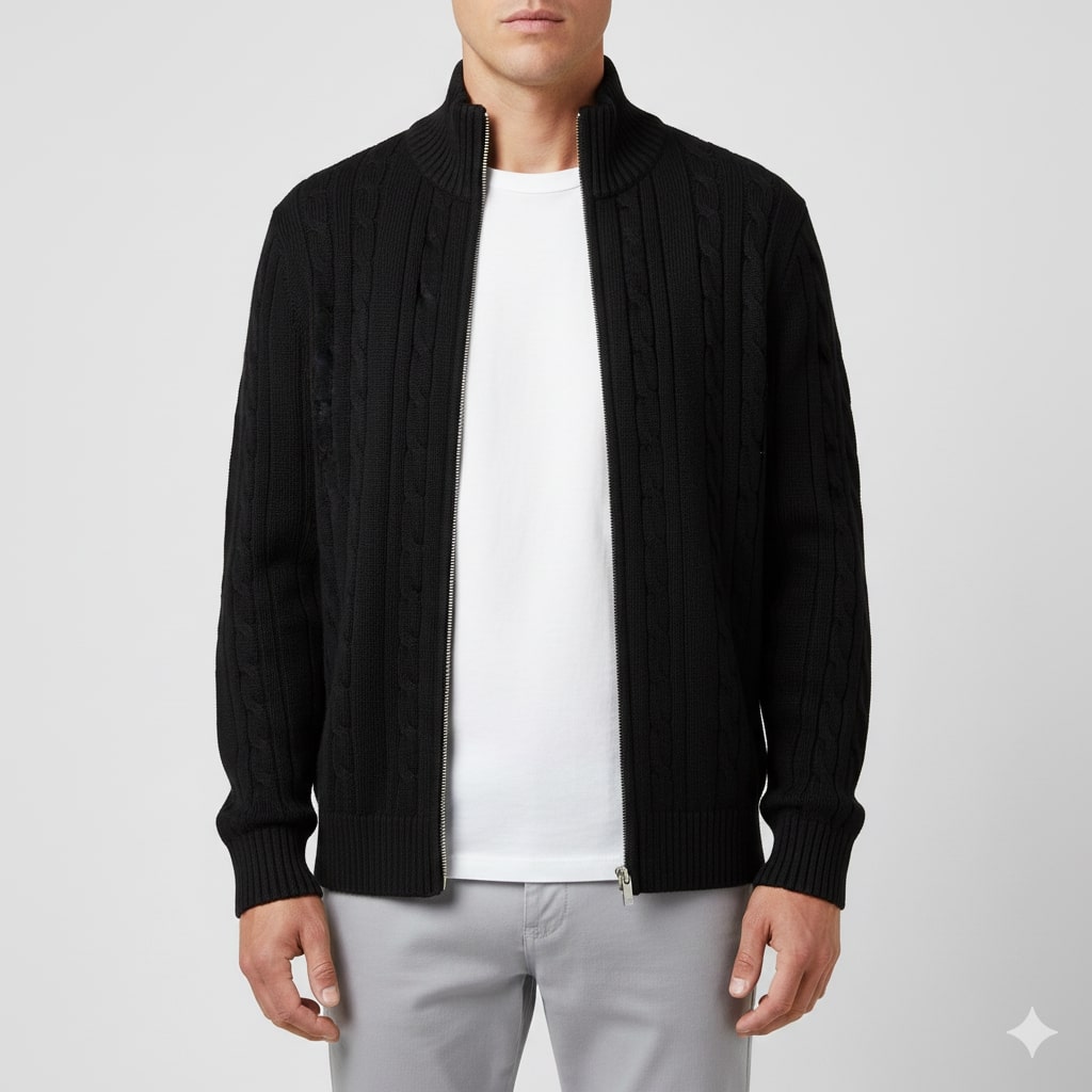 Denis Men’s Zip-Up Cardigan – Soft Wool  Cable Knit Mid-Weight Sweater