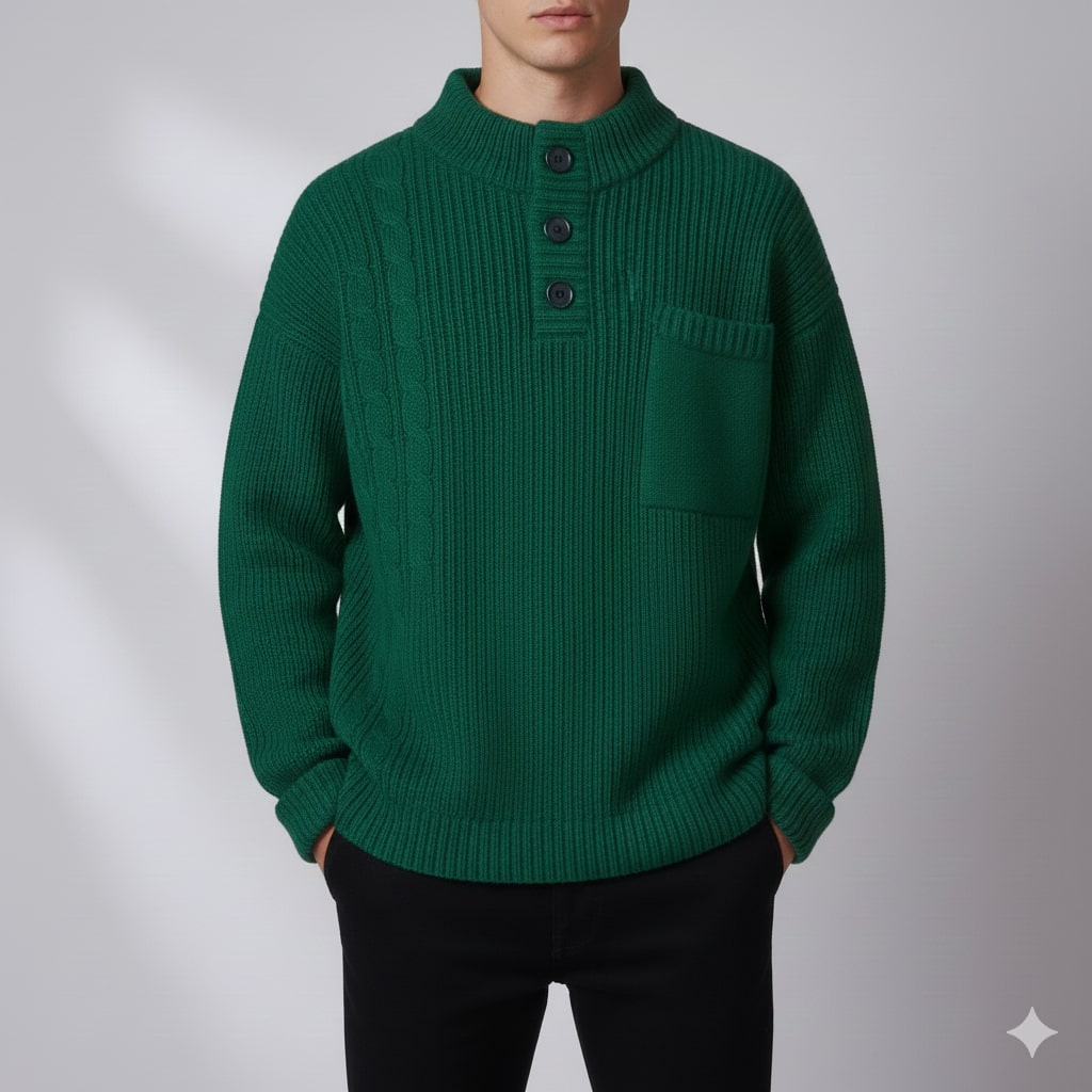 Luca Men’s Cable Knit Pullover – Soft O-Neck Sweater with Button Detail