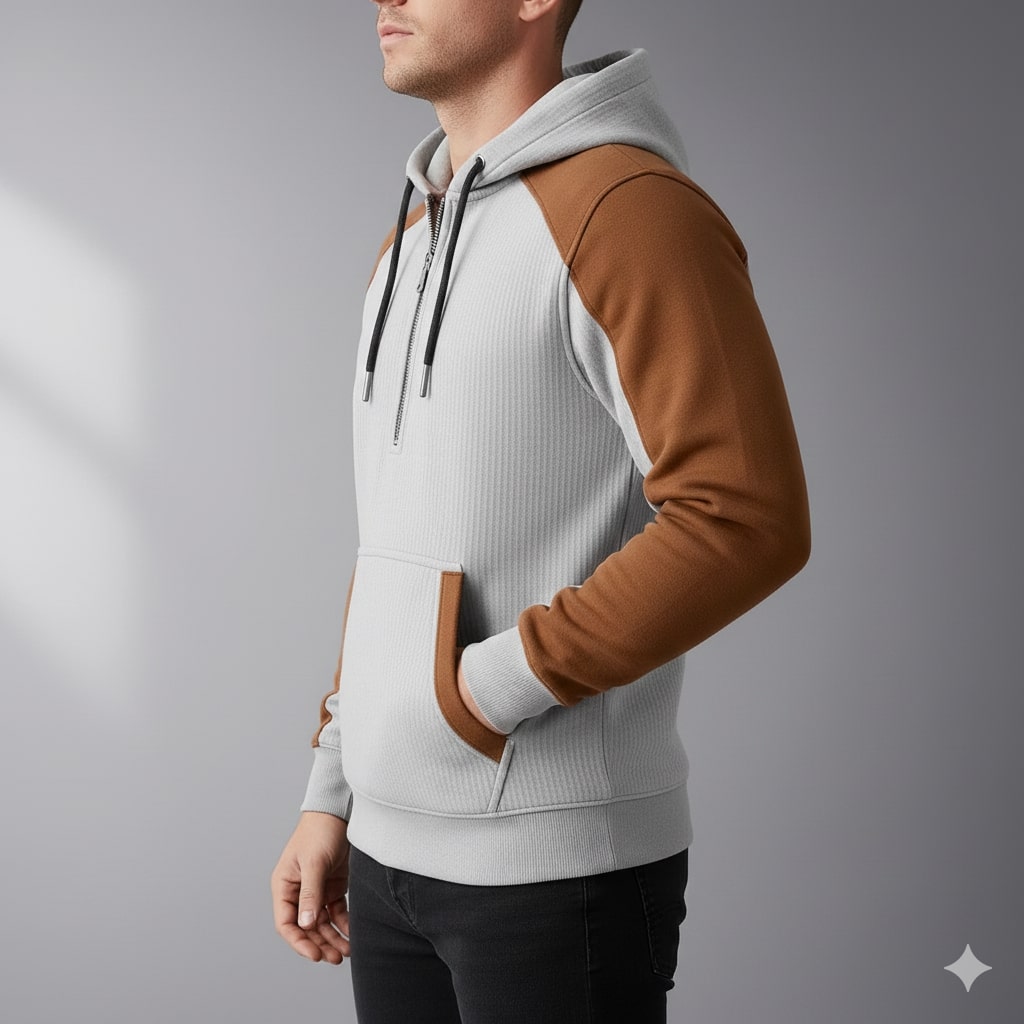 Carlos Men’s Quarter-Zip Hoodie – Corduroy Cotton Blend Sweatshirt with Contrast Panels