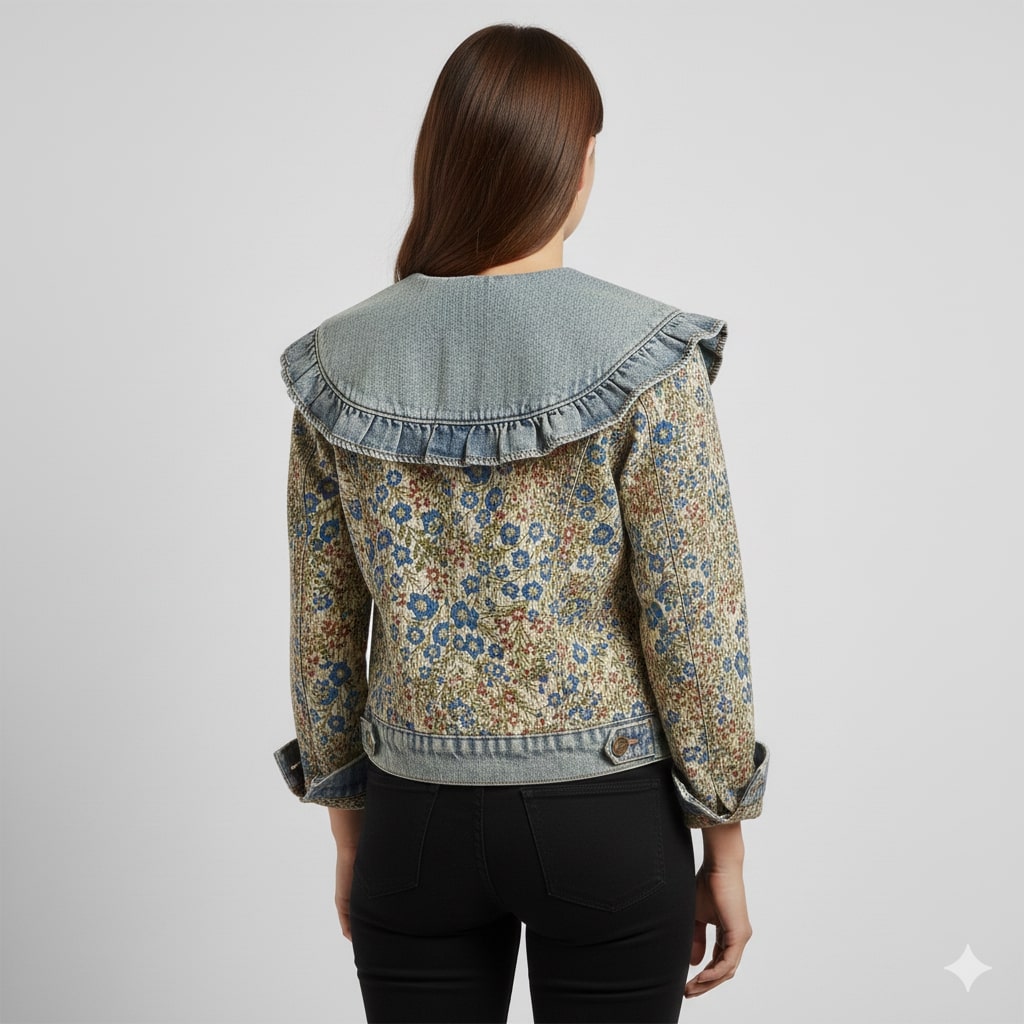 Rose Women’s Jacquard Denim Jacket – Floral Textured Lightweight Cropped Jacket