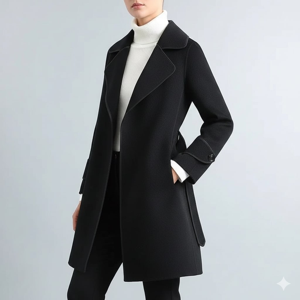 Adriana Women’s Wool Coat – Belted Coat with Contrast Trim & Warm Interior