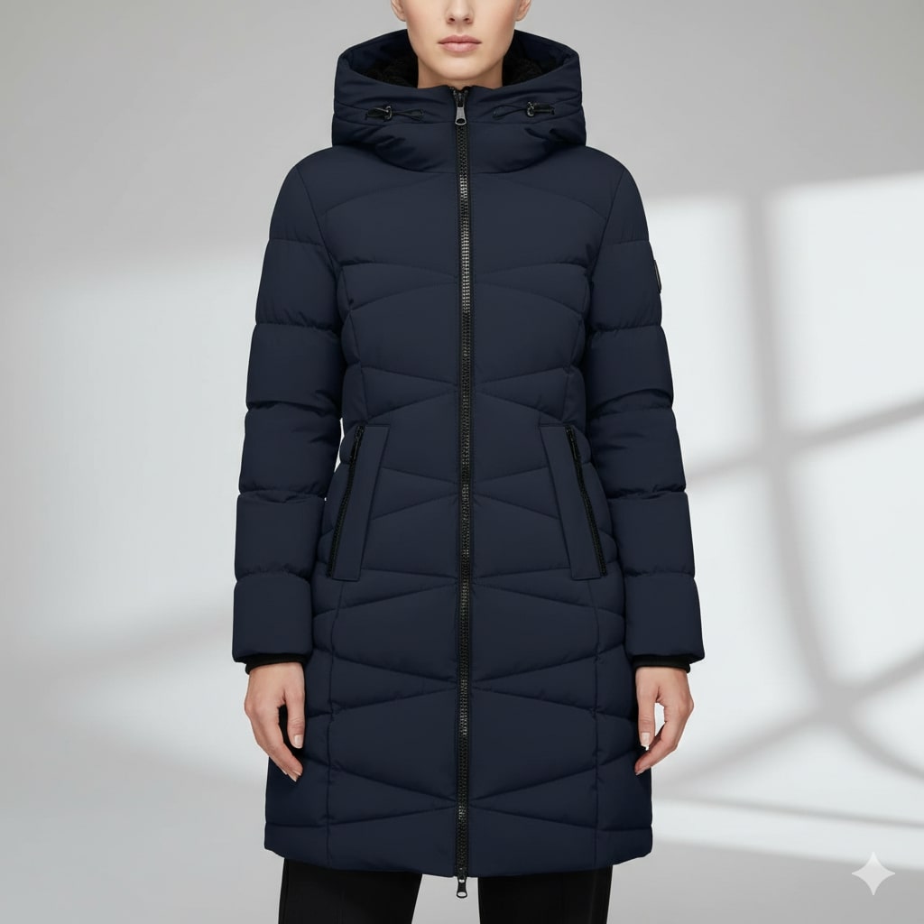 Livia Women’s Long Quilted Coat – Full-Length Warm Winter Jacket with Hood & Plush Lining