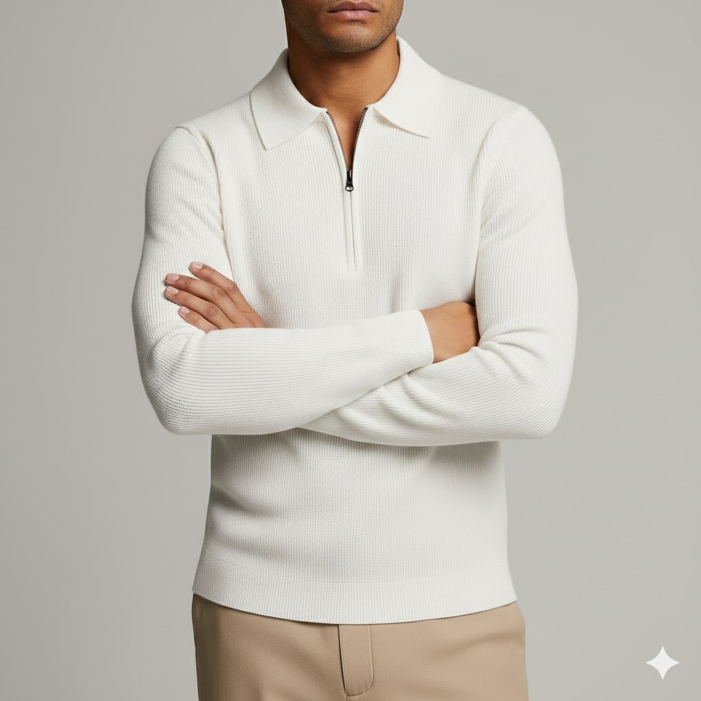 Sergio Men’s Knit Sweater – Waffle Texture Quarter-Zip Polo Shirt