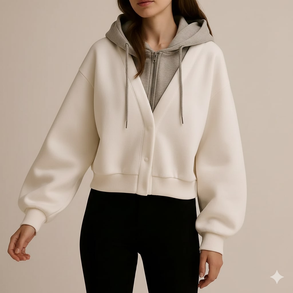 Elisa Women’s Cropped Cardigan – Puff Sleeve Zip-Up Knitted Hooded Cardigan