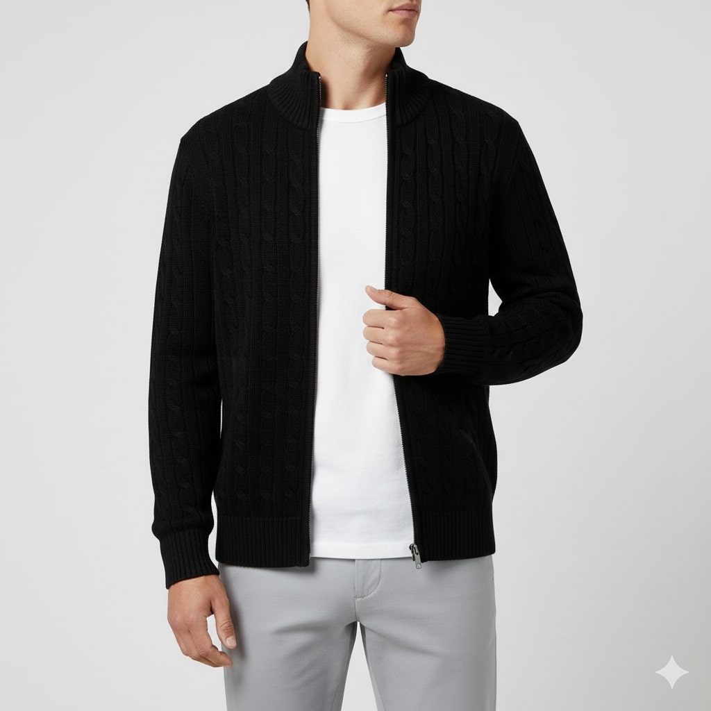 Denis Men’s Zip-Up Cardigan – Soft Wool  Cable Knit Mid-Weight Sweater
