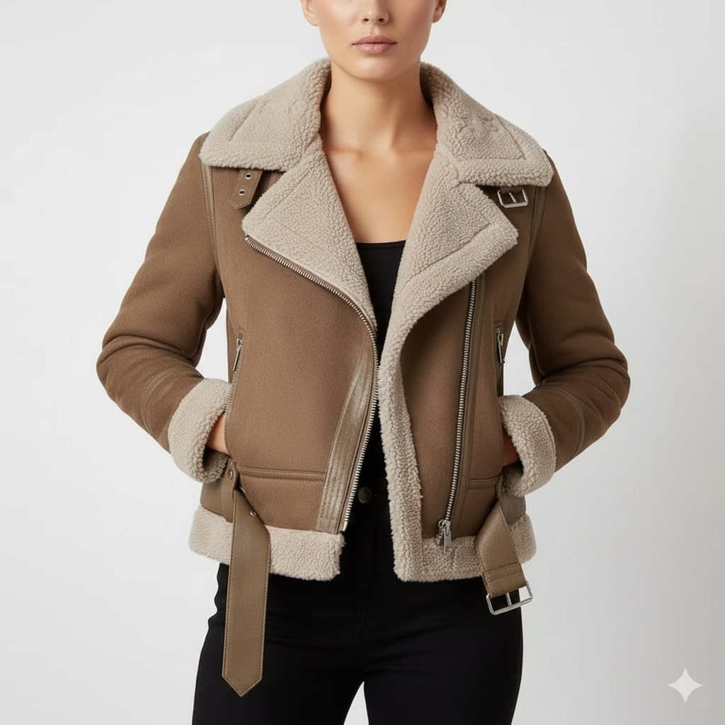 Polina Women’s Shearling Jacket – Aviator Suede Jacket with Plush Lining