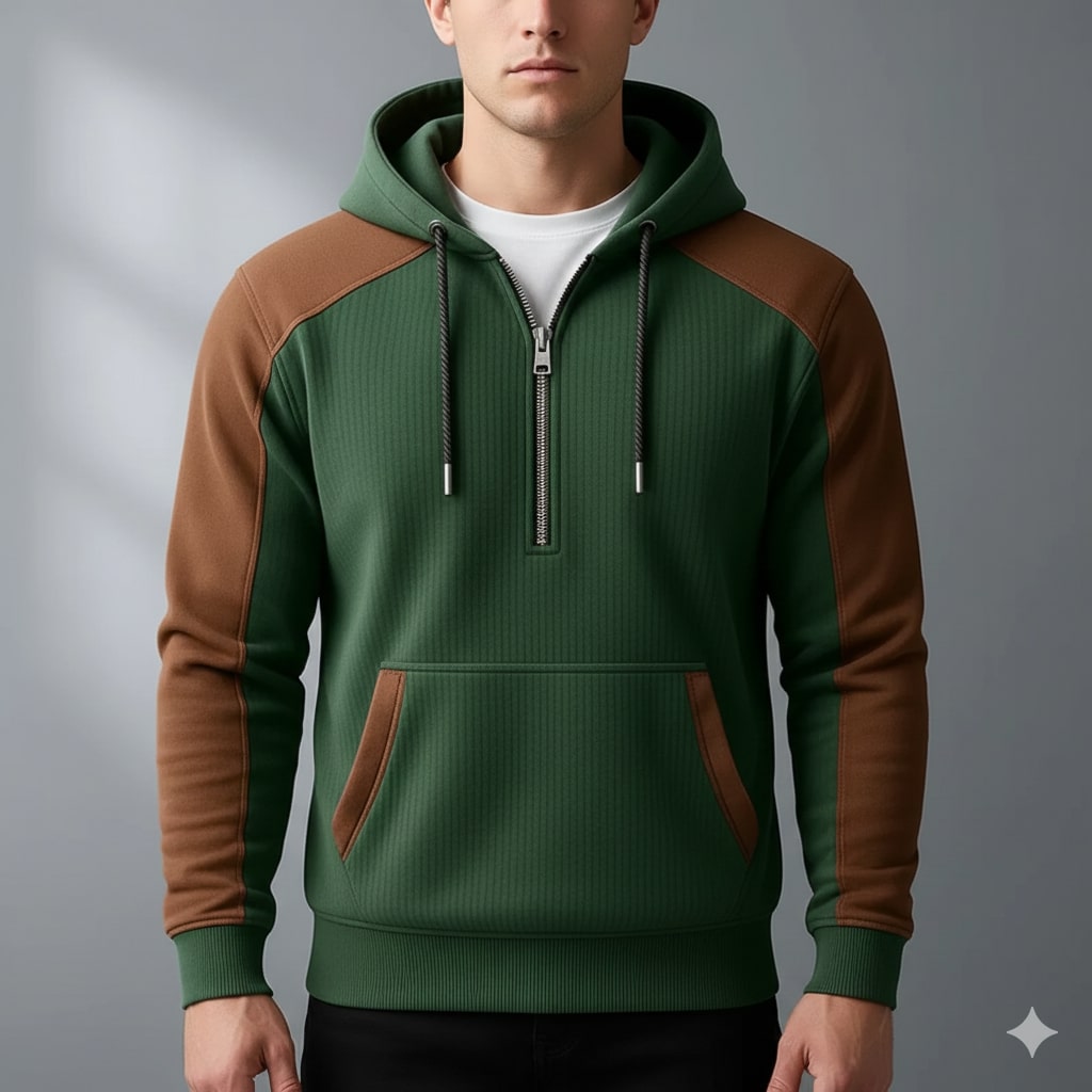 Carlos Men’s Quarter-Zip Hoodie – Corduroy Cotton Blend Sweatshirt with Contrast Panels