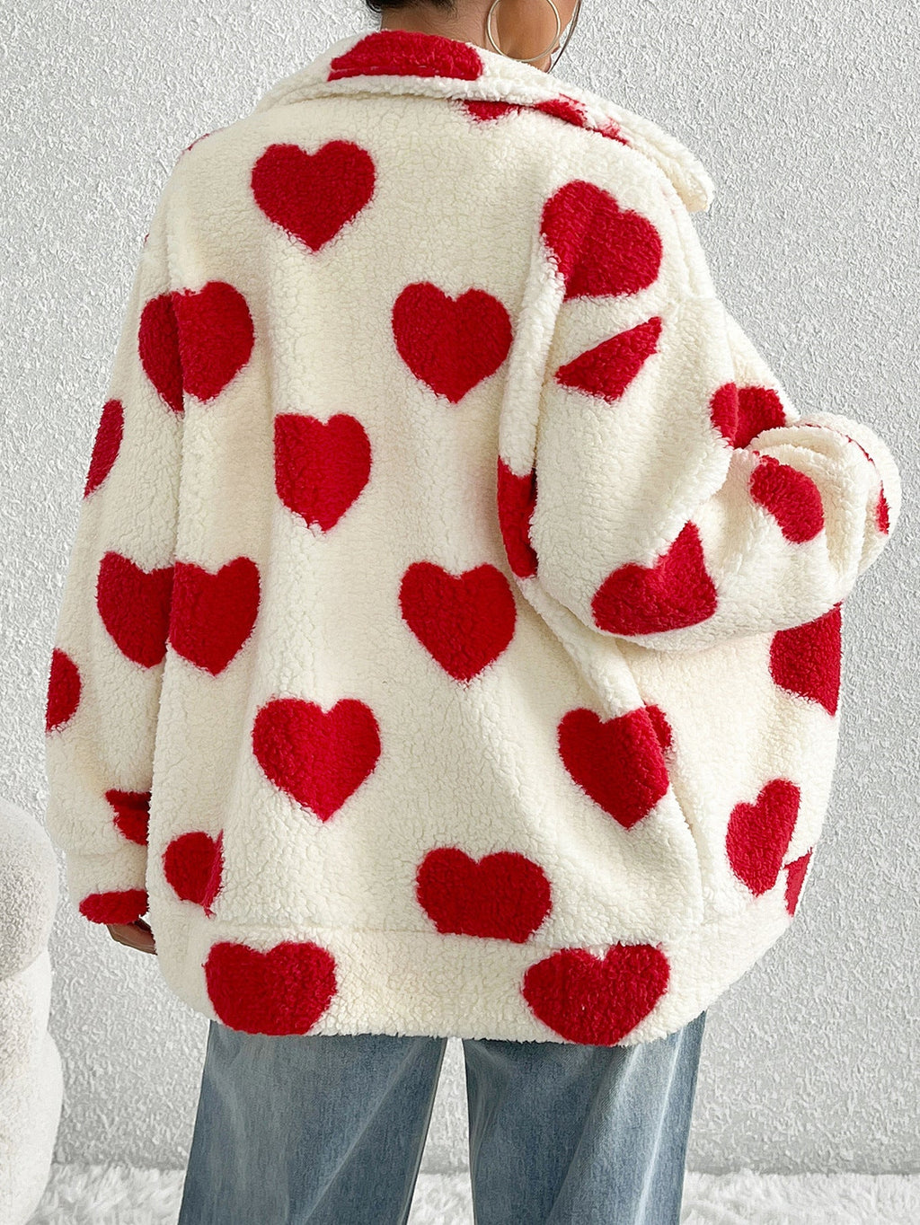 Alicia Women’s Sherpa Zip Up Jacket – Plush Heart Print with Stand Collar