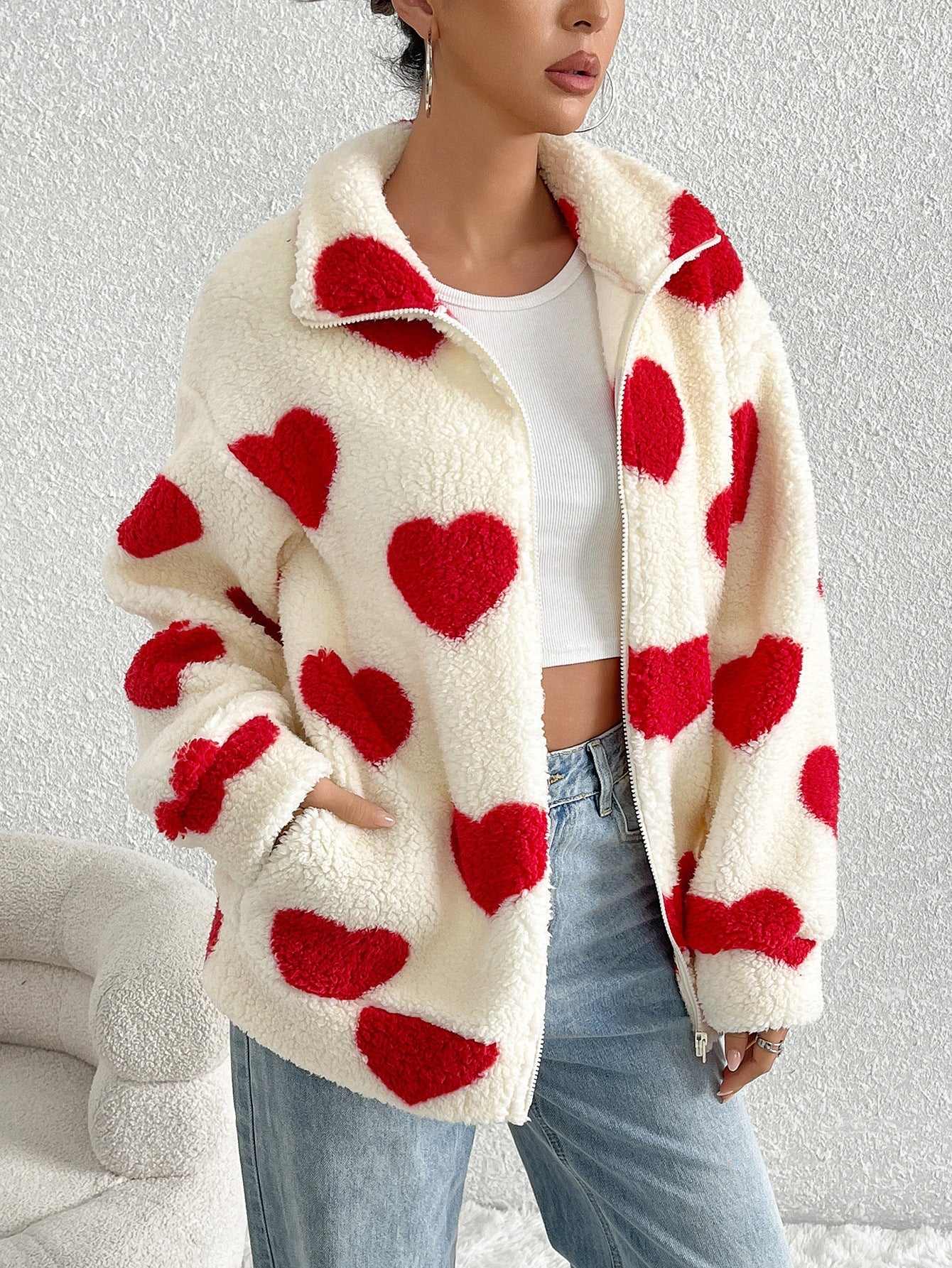 Alicia Women’s Sherpa Zip Up Jacket – Plush Heart Print with Stand Collar