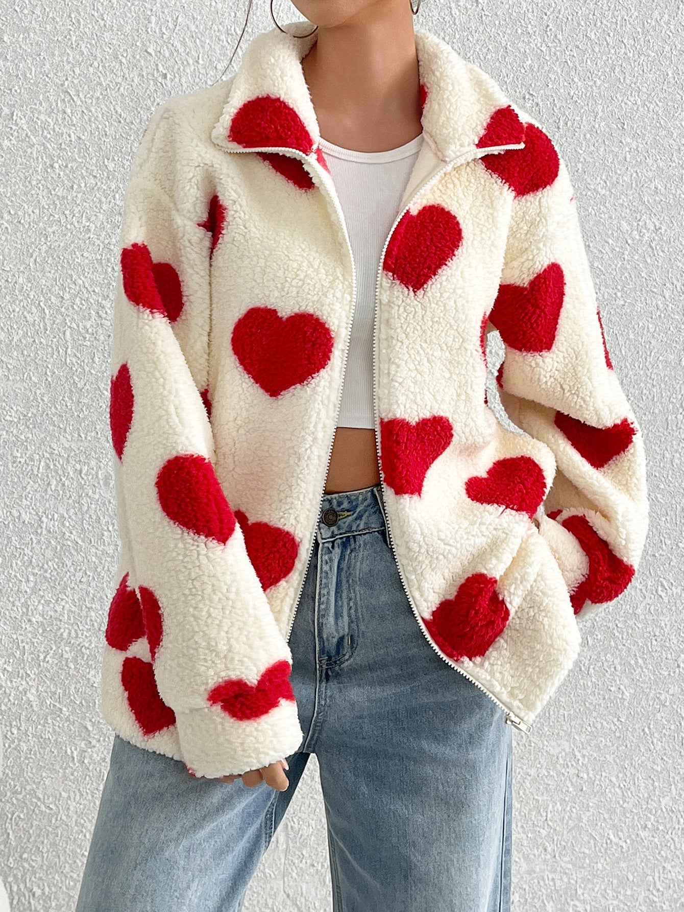 Alicia Women’s Sherpa Zip Up Jacket – Plush Heart Print with Stand Collar