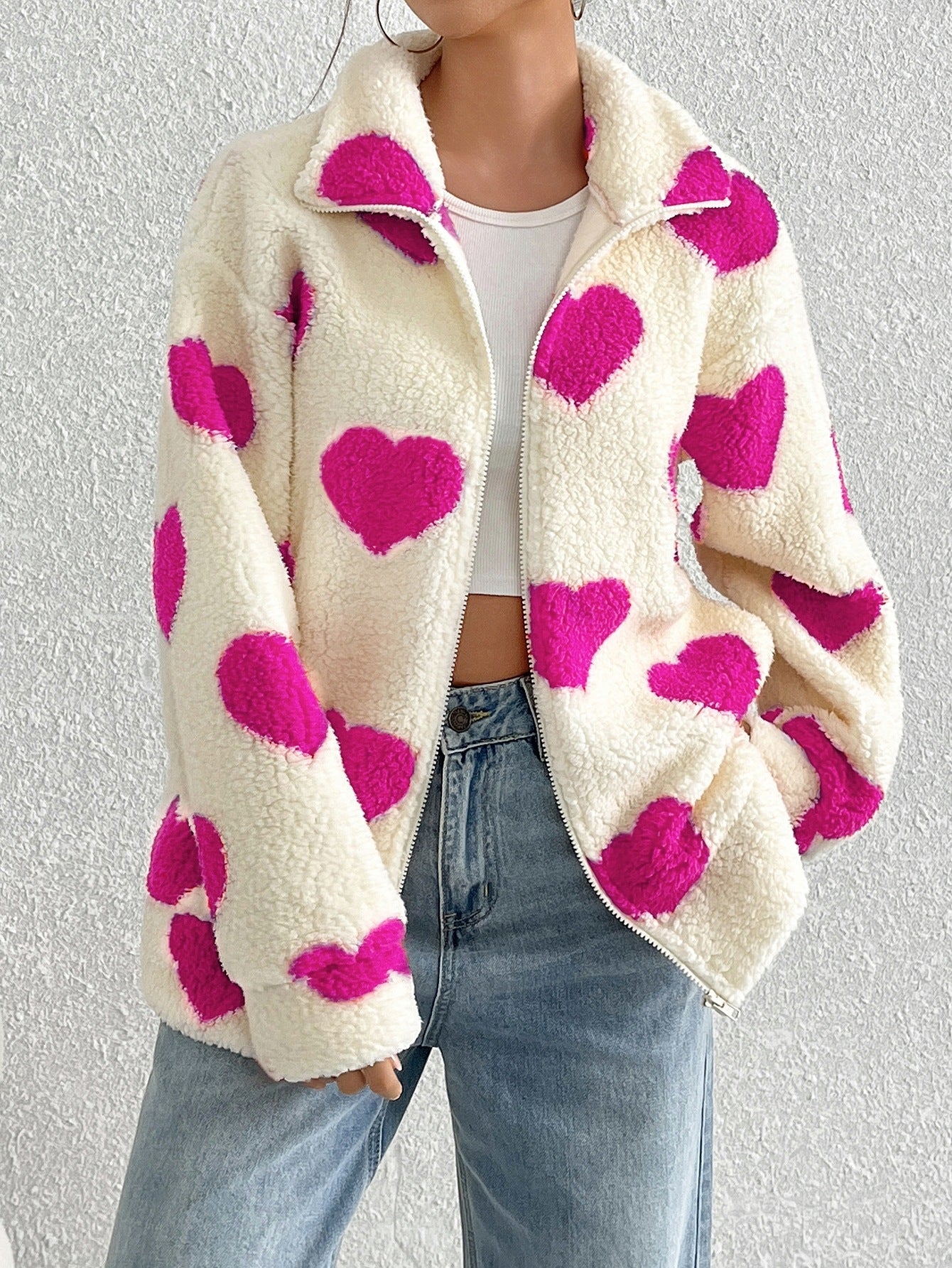 Alicia Women’s Sherpa Zip Up Jacket – Plush Heart Print with Stand Collar