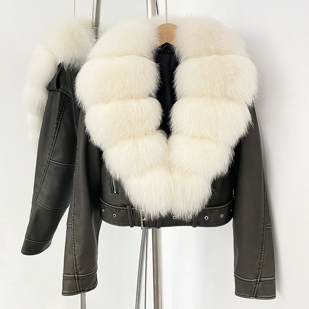 Kim Women’s Aviator Jacket – Fur Collared Faux Leather Cropped Winter Coat